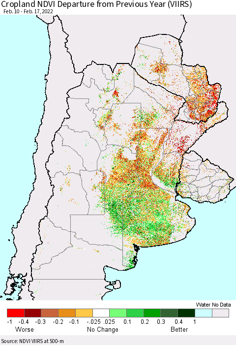 Southern South America Cropland NDVI Departure from Previous Year (VIIRS) Thematic Map For 2/10/2022 - 2/17/2022