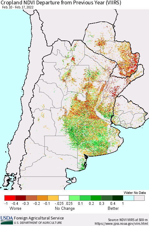 Southern South America Cropland NDVI Departure from Previous Year (VIIRS) Thematic Map For 2/11/2022 - 2/20/2022