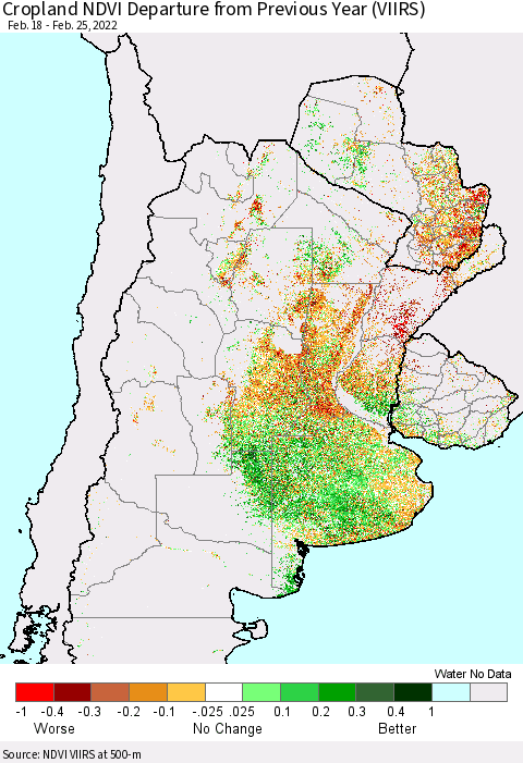 Southern South America Cropland NDVI Departure from Previous Year (VIIRS) Thematic Map For 2/18/2022 - 2/25/2022