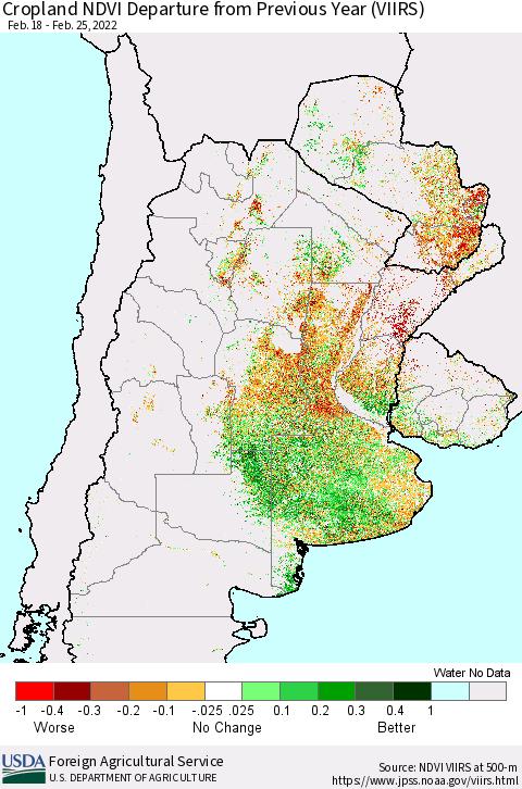 Southern South America Cropland NDVI Departure from Previous Year (VIIRS) Thematic Map For 2/21/2022 - 2/28/2022