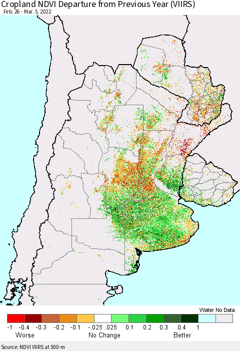Southern South America Cropland NDVI Departure from Previous Year (VIIRS) Thematic Map For 2/26/2022 - 3/5/2022