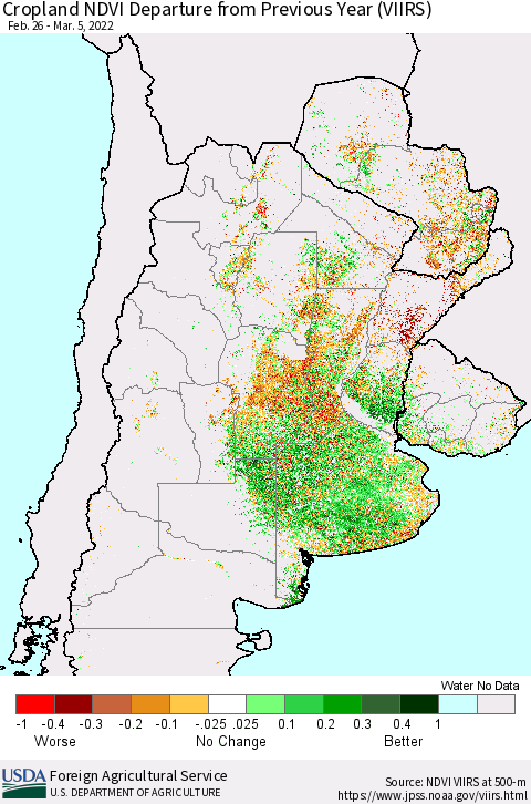 Southern South America Cropland NDVI Departure from Previous Year (VIIRS) Thematic Map For 3/1/2022 - 3/10/2022