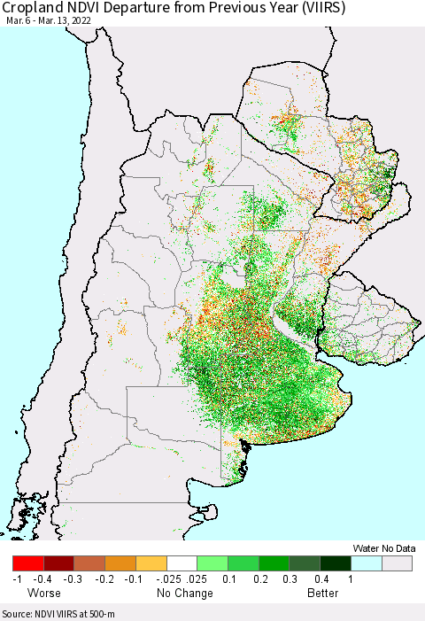 Southern South America Cropland NDVI Departure from Previous Year (VIIRS) Thematic Map For 3/6/2022 - 3/13/2022
