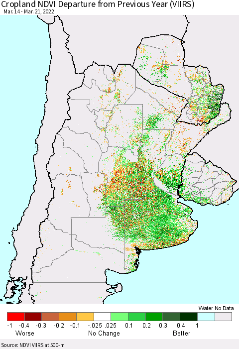 Southern South America Cropland NDVI Departure from Previous Year (VIIRS) Thematic Map For 3/14/2022 - 3/21/2022