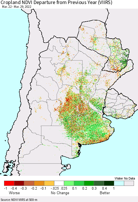 Southern South America Cropland NDVI Departure from Previous Year (VIIRS) Thematic Map For 3/22/2022 - 3/29/2022