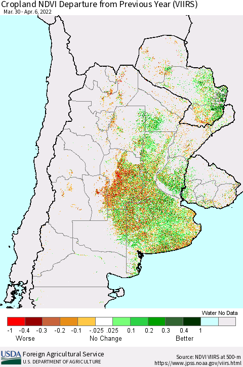 Southern South America Cropland NDVI Departure from Previous Year (VIIRS) Thematic Map For 4/1/2022 - 4/10/2022