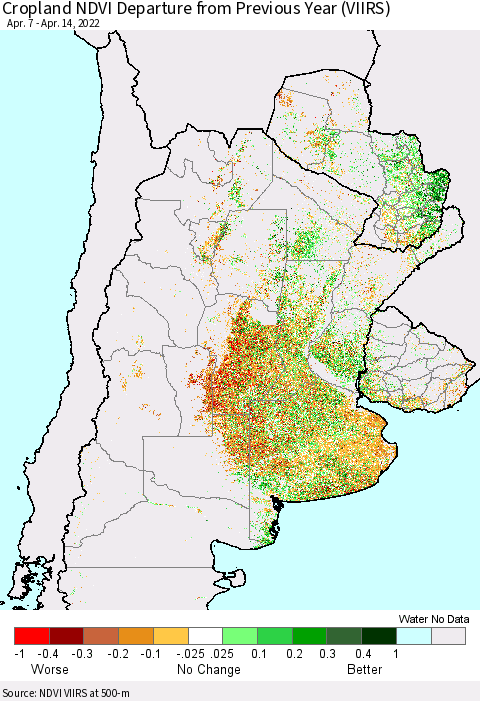 Southern South America Cropland NDVI Departure from Previous Year (VIIRS) Thematic Map For 4/7/2022 - 4/14/2022