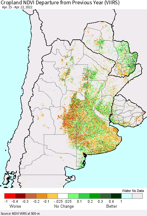 Southern South America Cropland NDVI Departure from Previous Year (VIIRS) Thematic Map For 4/15/2022 - 4/22/2022