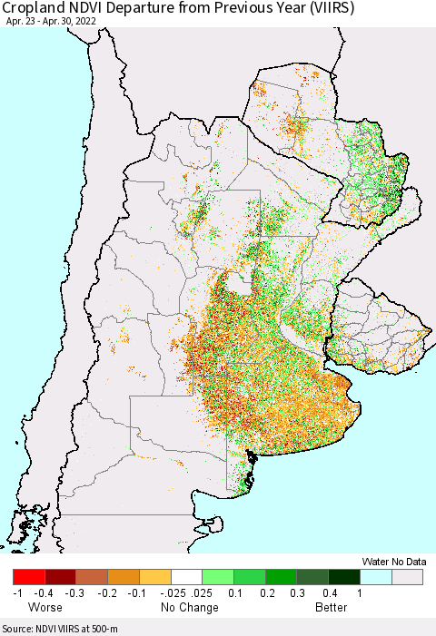 Southern South America Cropland NDVI Departure from Previous Year (VIIRS) Thematic Map For 4/21/2022 - 4/30/2022