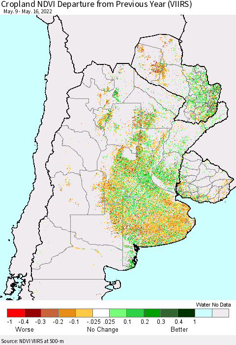 Southern South America Cropland NDVI Departure from Previous Year (VIIRS) Thematic Map For 5/9/2022 - 5/16/2022