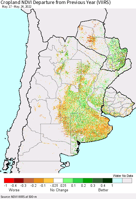 Southern South America Cropland NDVI Departure from Previous Year (VIIRS) Thematic Map For 5/17/2022 - 5/24/2022