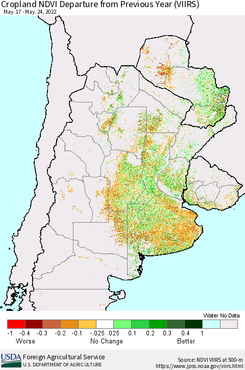 Southern South America Cropland NDVI Departure from Previous Year (VIIRS) Thematic Map For 5/21/2022 - 5/31/2022