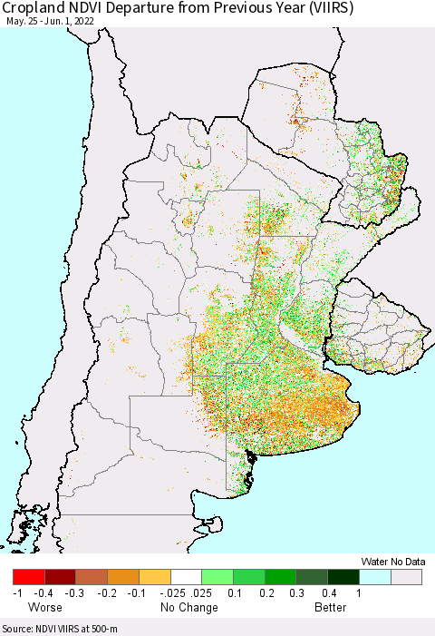 Southern South America Cropland NDVI Departure from Previous Year (VIIRS) Thematic Map For 5/25/2022 - 6/1/2022