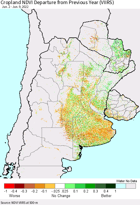 Southern South America Cropland NDVI Departure from Previous Year (VIIRS) Thematic Map For 6/2/2022 - 6/9/2022