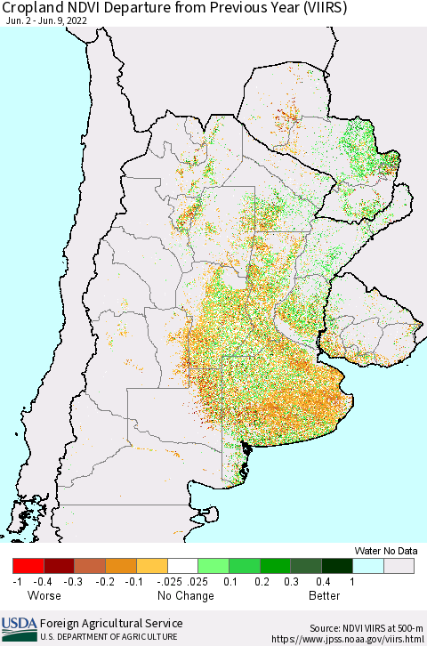 Southern South America Cropland NDVI Departure from Previous Year (VIIRS) Thematic Map For 6/1/2022 - 6/10/2022