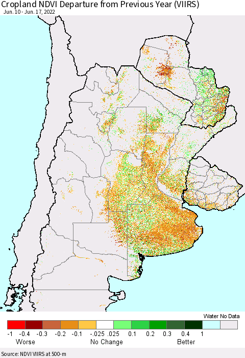 Southern South America Cropland NDVI Departure from Previous Year (VIIRS) Thematic Map For 6/10/2022 - 6/17/2022
