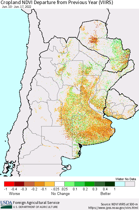 Southern South America Cropland NDVI Departure from Previous Year (VIIRS) Thematic Map For 6/11/2022 - 6/20/2022
