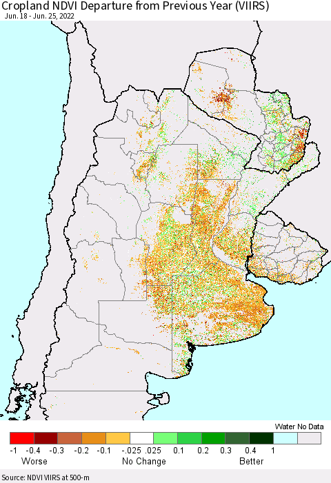 Southern South America Cropland NDVI Departure from Previous Year (VIIRS) Thematic Map For 6/18/2022 - 6/25/2022