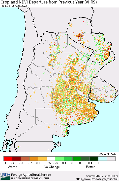 Southern South America Cropland NDVI Departure from Previous Year (VIIRS) Thematic Map For 6/21/2022 - 6/30/2022