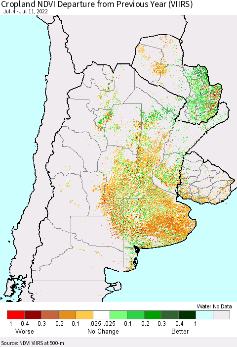 Southern South America Cropland NDVI Departure from Previous Year (VIIRS) Thematic Map For 7/4/2022 - 7/11/2022