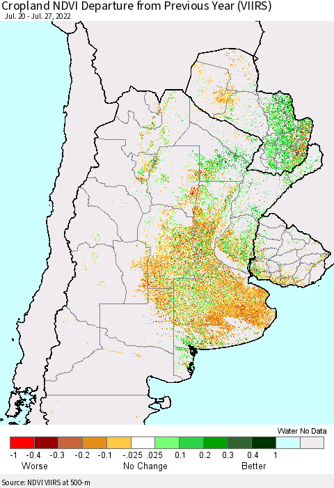 Southern South America Cropland NDVI Departure from Previous Year (VIIRS) Thematic Map For 7/20/2022 - 7/27/2022