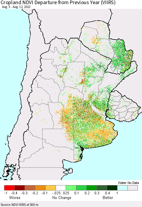 Southern South America Cropland NDVI Departure from Previous Year (VIIRS) Thematic Map For 8/5/2022 - 8/12/2022