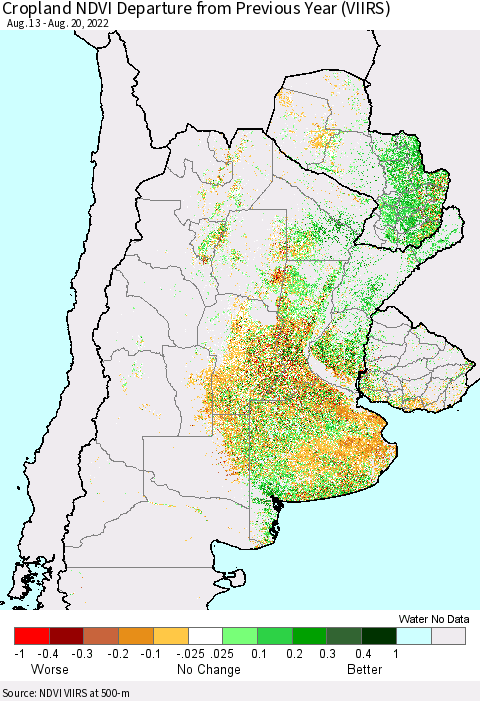Southern South America Cropland NDVI Departure from Previous Year (VIIRS) Thematic Map For 8/13/2022 - 8/20/2022