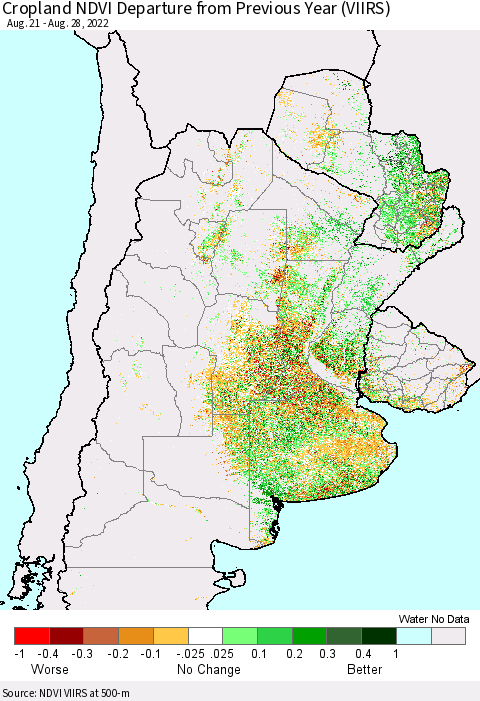 Southern South America Cropland NDVI Departure from Previous Year (VIIRS) Thematic Map For 8/21/2022 - 8/28/2022