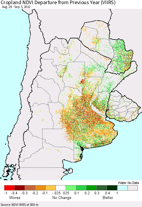 Southern South America Cropland NDVI Departure from Previous Year (VIIRS) Thematic Map For 8/29/2022 - 9/5/2022