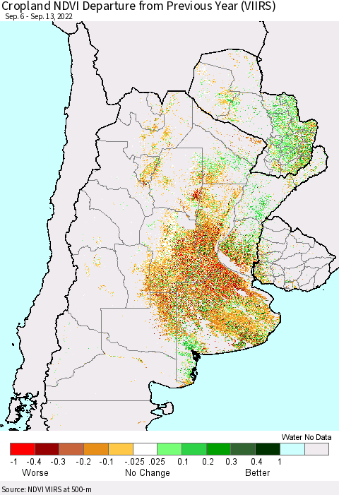 Southern South America Cropland NDVI Departure from Previous Year (VIIRS) Thematic Map For 9/6/2022 - 9/13/2022