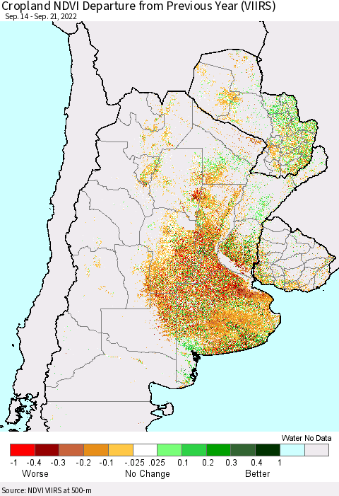 Southern South America Cropland NDVI Departure from Previous Year (VIIRS) Thematic Map For 9/14/2022 - 9/21/2022