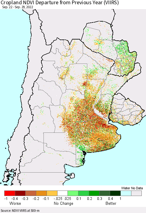 Southern South America Cropland NDVI Departure from Previous Year (VIIRS) Thematic Map For 9/22/2022 - 9/29/2022