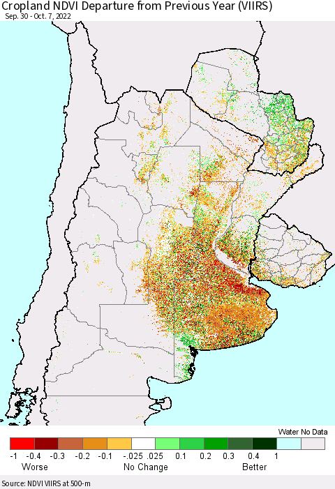 Southern South America Cropland NDVI Departure from Previous Year (VIIRS) Thematic Map For 9/30/2022 - 10/7/2022