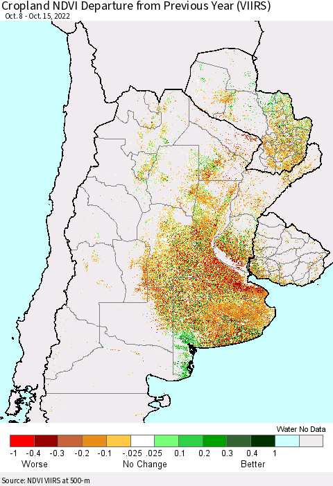Southern South America Cropland NDVI Departure from Previous Year (VIIRS) Thematic Map For 10/8/2022 - 10/15/2022