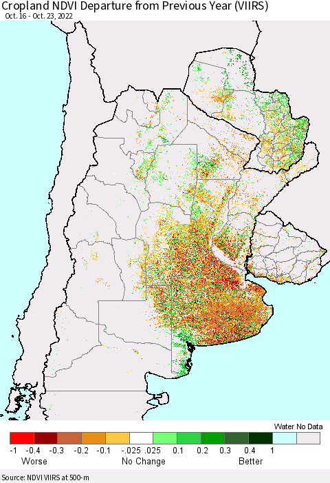 Southern South America Cropland NDVI Departure from Previous Year (VIIRS) Thematic Map For 10/16/2022 - 10/23/2022