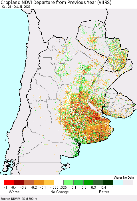 Southern South America Cropland NDVI Departure from Previous Year (VIIRS) Thematic Map For 10/24/2022 - 10/31/2022