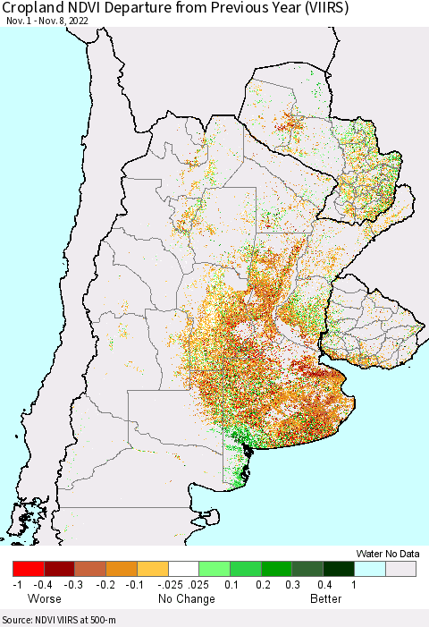 Southern South America Cropland NDVI Departure from Previous Year (VIIRS) Thematic Map For 11/1/2022 - 11/8/2022