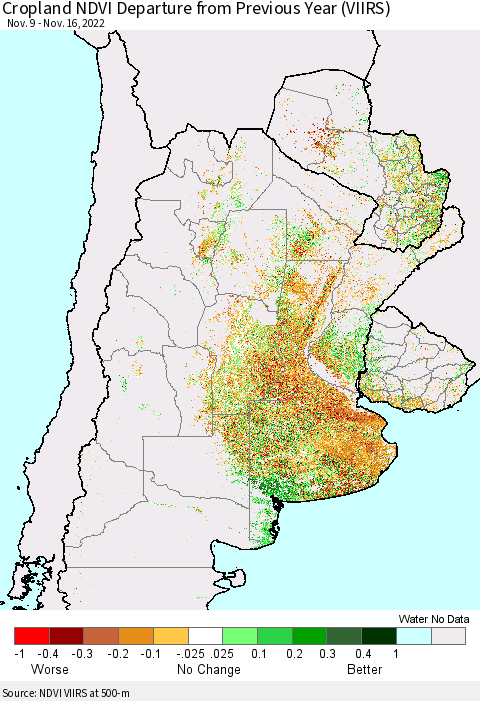 Southern South America Cropland NDVI Departure from Previous Year (VIIRS) Thematic Map For 11/9/2022 - 11/16/2022