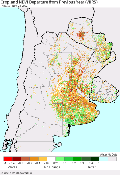 Southern South America Cropland NDVI Departure from Previous Year (VIIRS) Thematic Map For 11/17/2022 - 11/24/2022