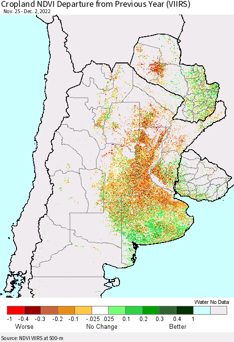 Southern South America Cropland NDVI Departure from Previous Year (VIIRS) Thematic Map For 11/25/2022 - 12/2/2022