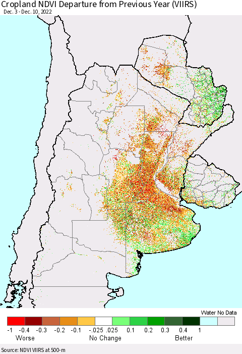 Southern South America Cropland NDVI Departure from Previous Year (VIIRS) Thematic Map For 12/3/2022 - 12/10/2022