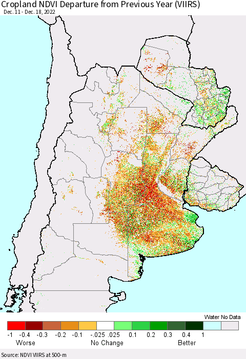 Southern South America Cropland NDVI Departure from Previous Year (VIIRS) Thematic Map For 12/11/2022 - 12/18/2022