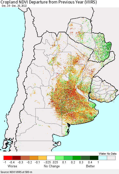 Southern South America Cropland NDVI Departure from Previous Year (VIIRS) Thematic Map For 12/19/2022 - 12/26/2022