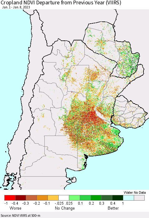 Southern South America Cropland NDVI Departure from Previous Year (VIIRS) Thematic Map For 1/1/2023 - 1/8/2023