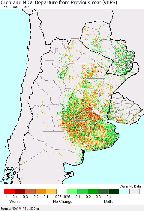 Southern South America Cropland NDVI Departure from Previous Year (VIIRS) Thematic Map For 1/9/2023 - 1/16/2023