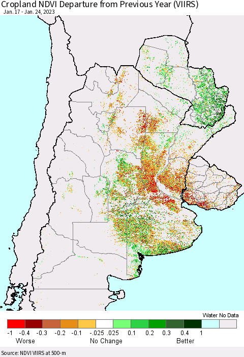 Southern South America Cropland NDVI Departure from Previous Year (VIIRS) Thematic Map For 1/17/2023 - 1/24/2023