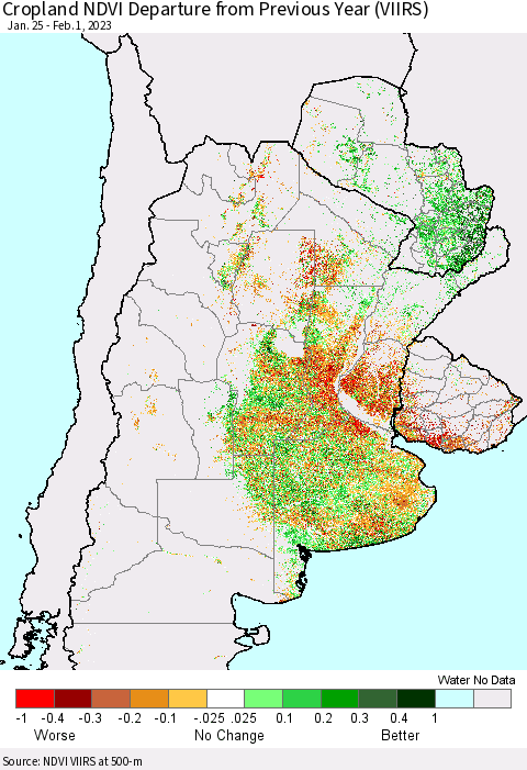 Southern South America Cropland NDVI Departure from Previous Year (VIIRS) Thematic Map For 1/25/2023 - 2/1/2023