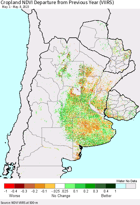 Southern South America Cropland NDVI Departure from Previous Year (VIIRS) Thematic Map For 5/1/2023 - 5/8/2023