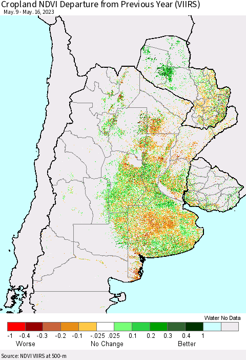 Southern South America Cropland NDVI Departure from Previous Year (VIIRS) Thematic Map For 5/9/2023 - 5/16/2023