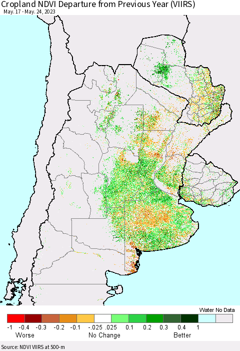 Southern South America Cropland NDVI Departure from Previous Year (VIIRS) Thematic Map For 5/17/2023 - 5/24/2023